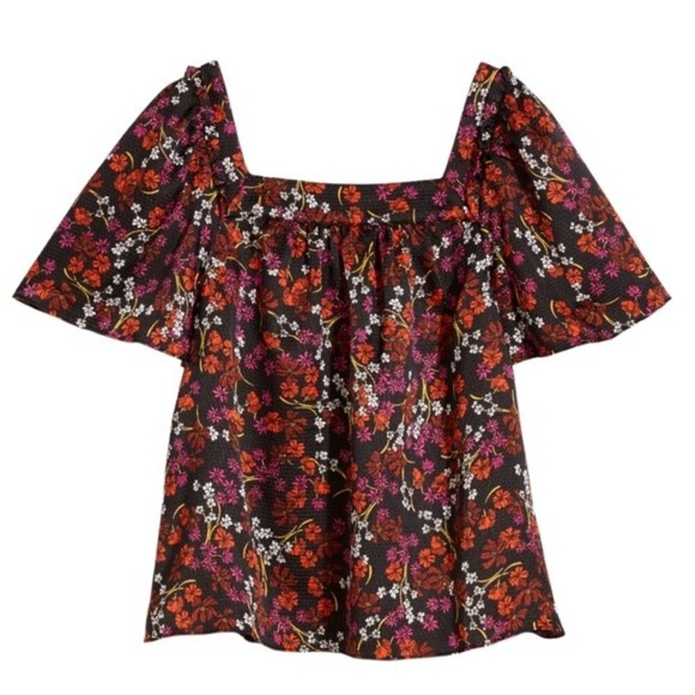 Draper James Maren Top Flutter Sleeve Blouse Black Ribbon Flower Women’s Size XL